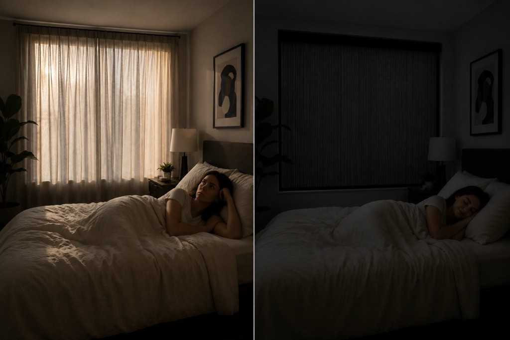 Before and after: bright bedroom with sheer curtains versus the same room darkened with BlindScreen blackout