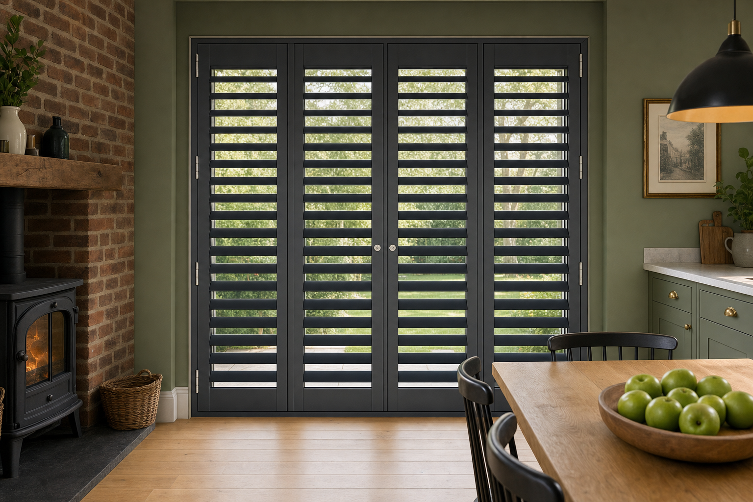 Anthracite aluminium plantation shutters on a four-panel French door — brushed-stainless hinges on both outer panels, key locks on the two inner panels at the centre only, no pull handles.