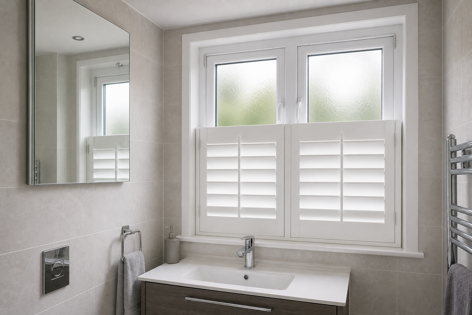 White café-height plantation shutters on the lower half of an ensuite window above a vanity basin for mirror-height privacy
