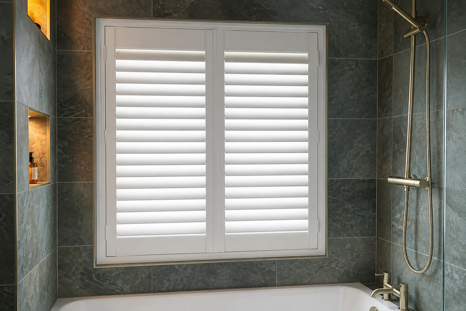 White waterproof plantation shutters above a bath with louvres angled for privacy while allowing soft daylight through