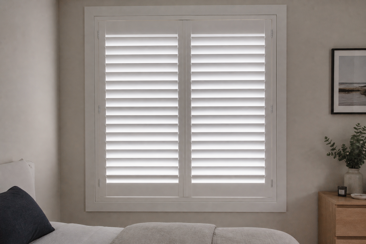 Close-up of plantation shutter louvres controlling daylight in a bedroom