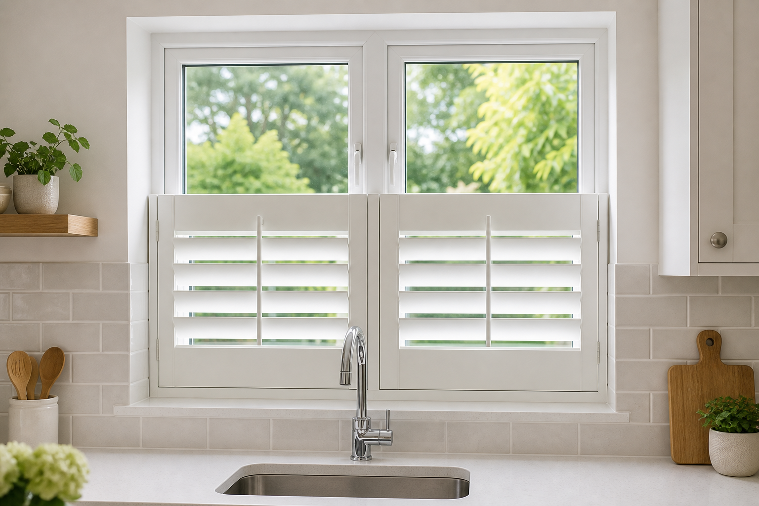 White café-style plantation shutters on the lower half of a kitchen casement above the sink, upper glass left clear for daylight