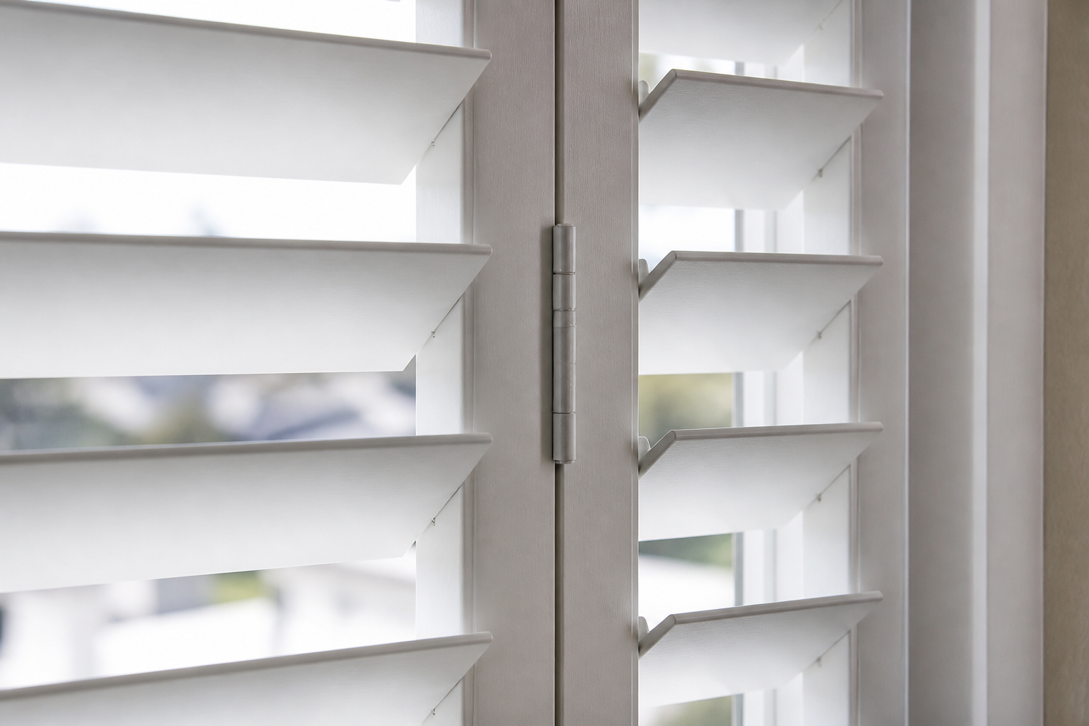Close detail of white plantation shutters in a living-room reveal, showing aligned louvres, barrel hinges and a neat meeting stile