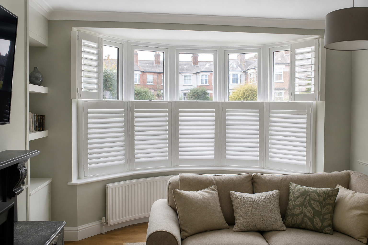 White tier-on-tier plantation shutters on a street-facing living-room window, lower panels closed for sofa-height privacy and upper panels open for daylight