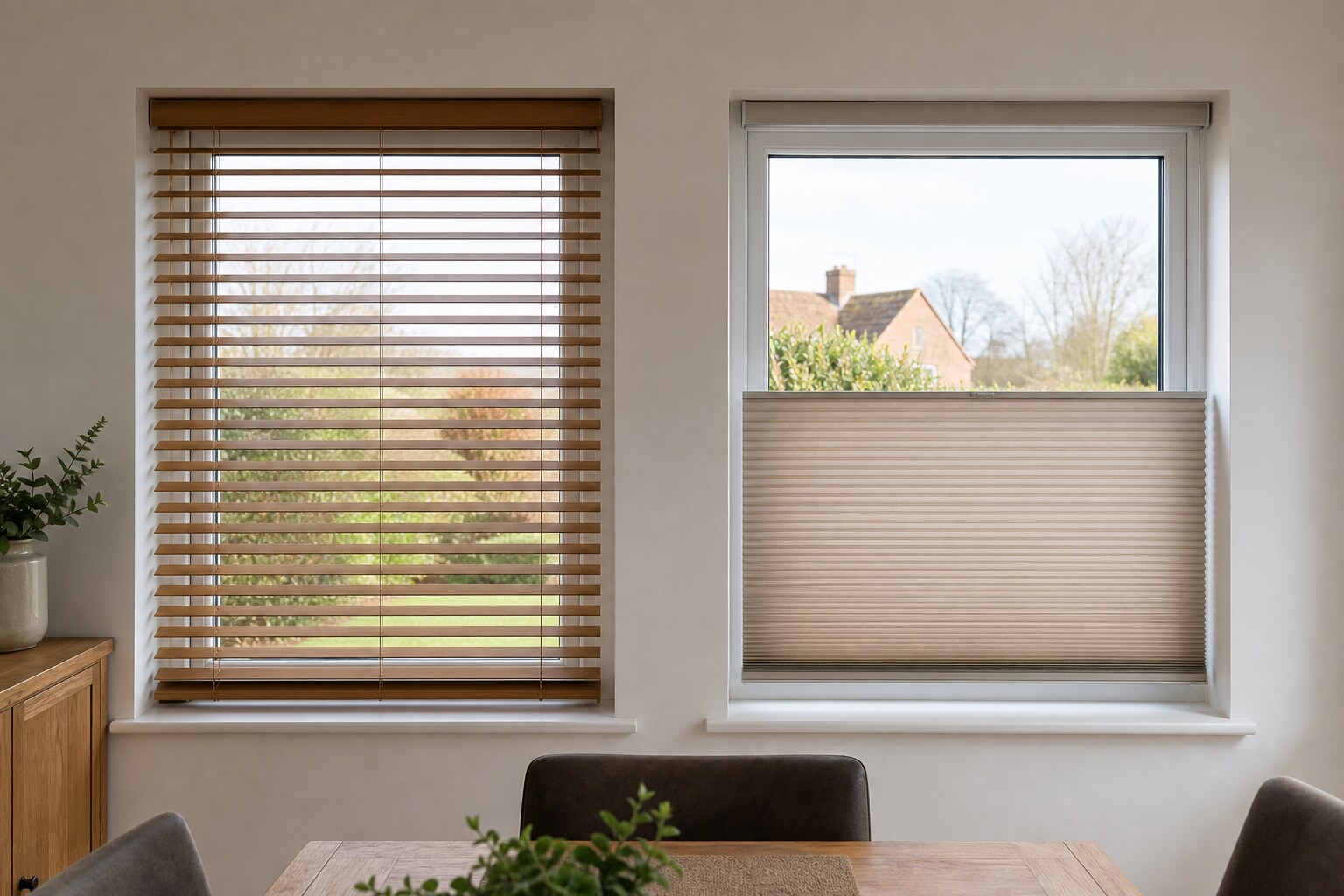 Two correctly fitted made-to-measure options: a wood-effect Venetian blind with evenly aligned slats and a top-down honeycomb blind for lower-level privacy.