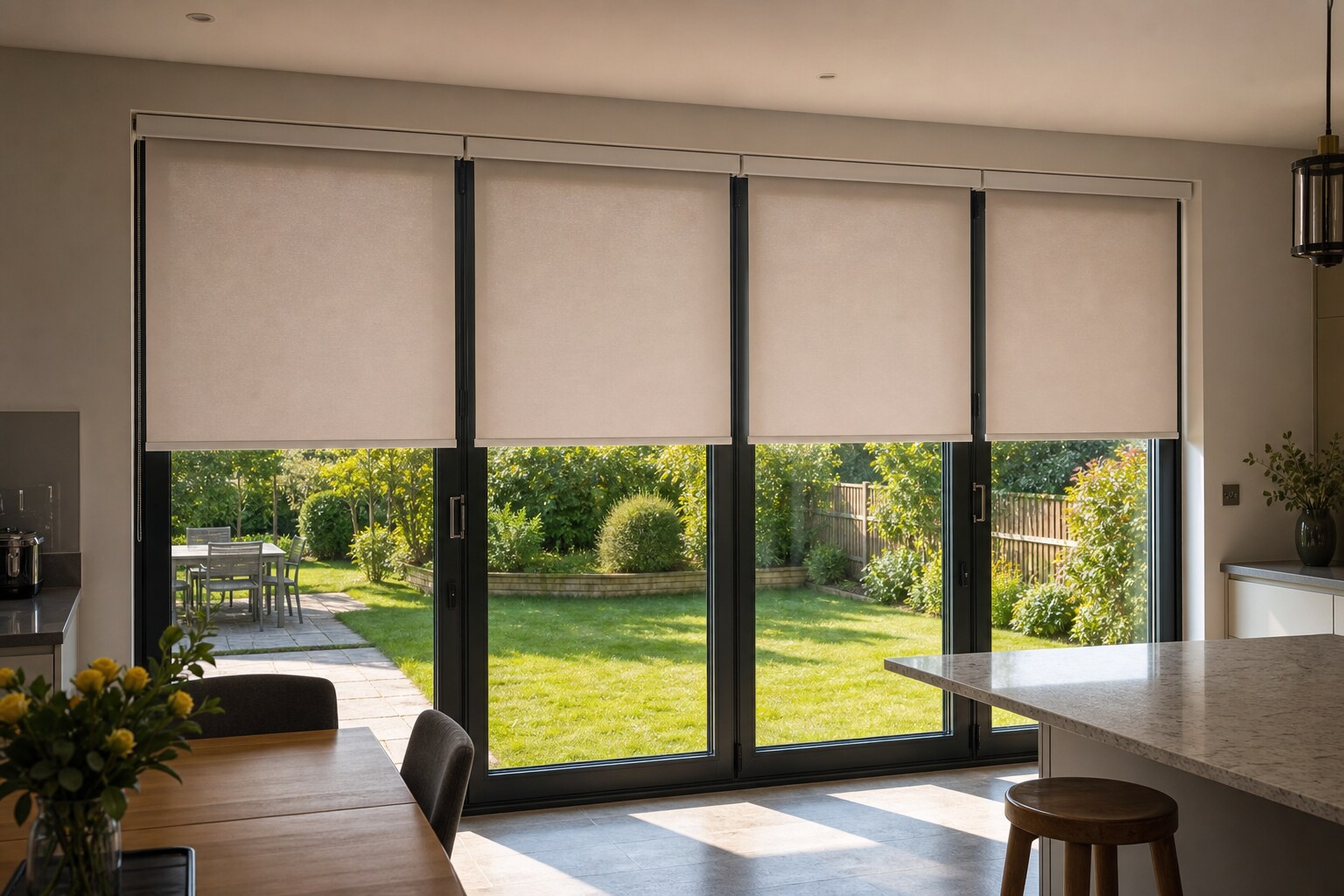 Four motorised roller blinds aligned with the individual panels of a wide UK bifold door, with level cassettes and equal drop positions.