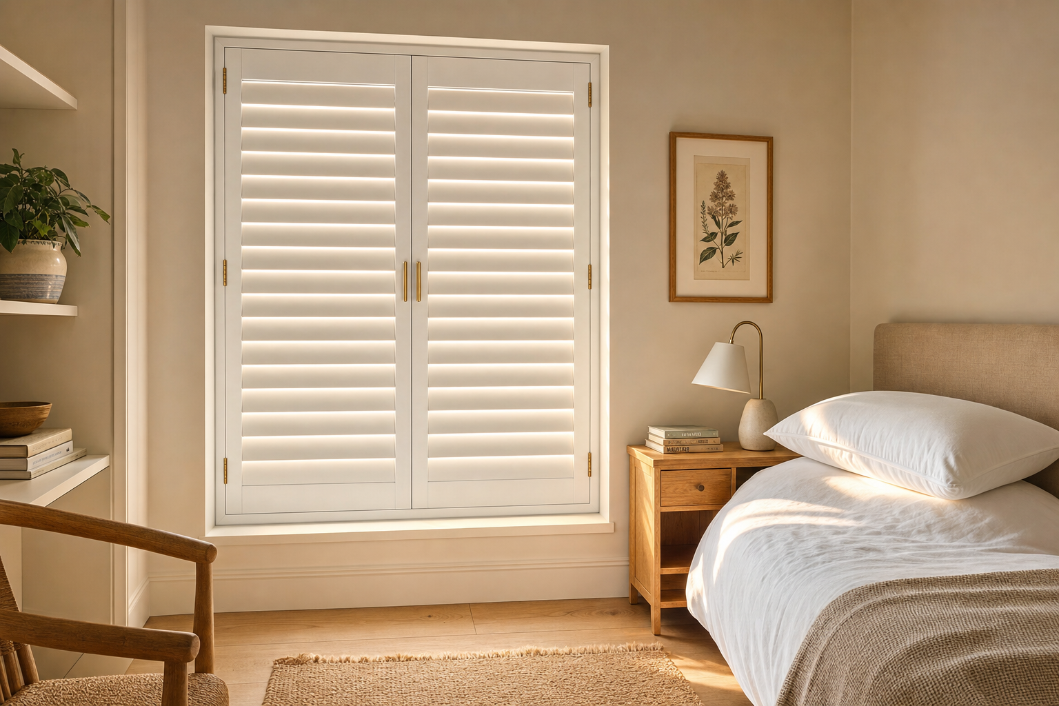 A clean, low-humidity guest bedroom in a UK home with crisp white MDF plantation shutters fitted to a single rectangular window, panels closed with horizontal louvres allowing slivers of late afternoon light, brass hinges visible on the outer stiles — the right kind of room for MDF.