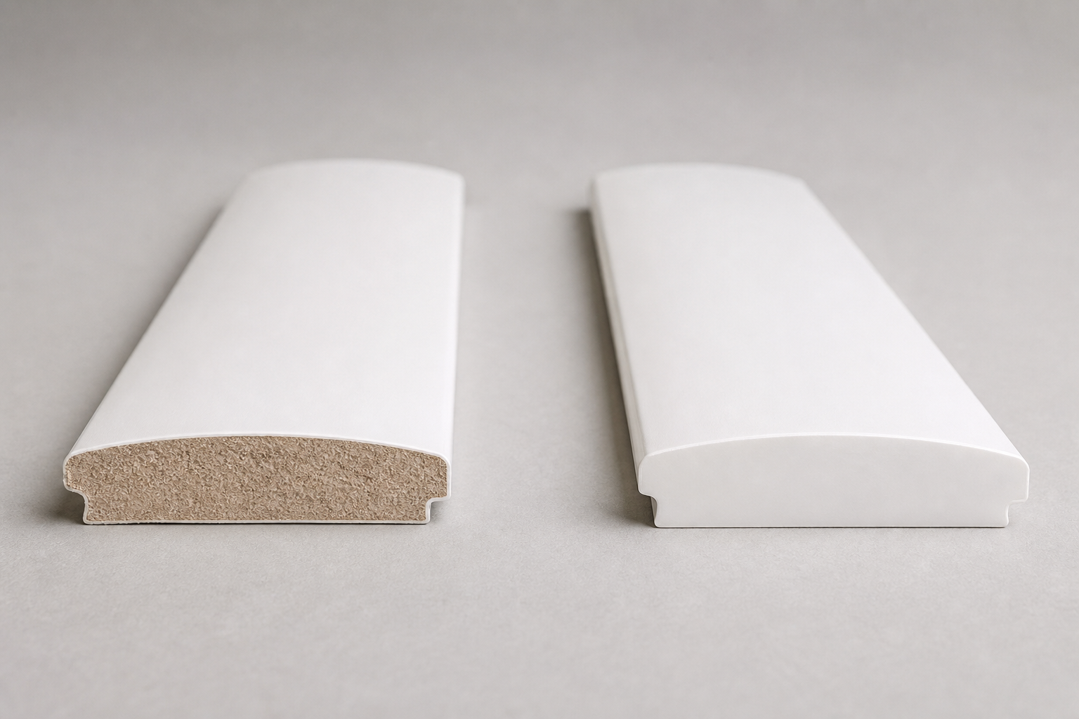 Side-by-side cross-section comparison of two white-painted plantation shutter louvres on a neutral grey backdrop — the louvre on the left shows the dense pressed fibreboard core of MDF, the louvre on the right shows the solid uniform PVC polymer core of faux wood.