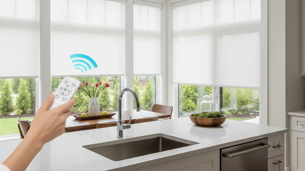 Hand holding a white remote controlling motorised roller blinds over garden-facing kitchen windows — cord-free operation.