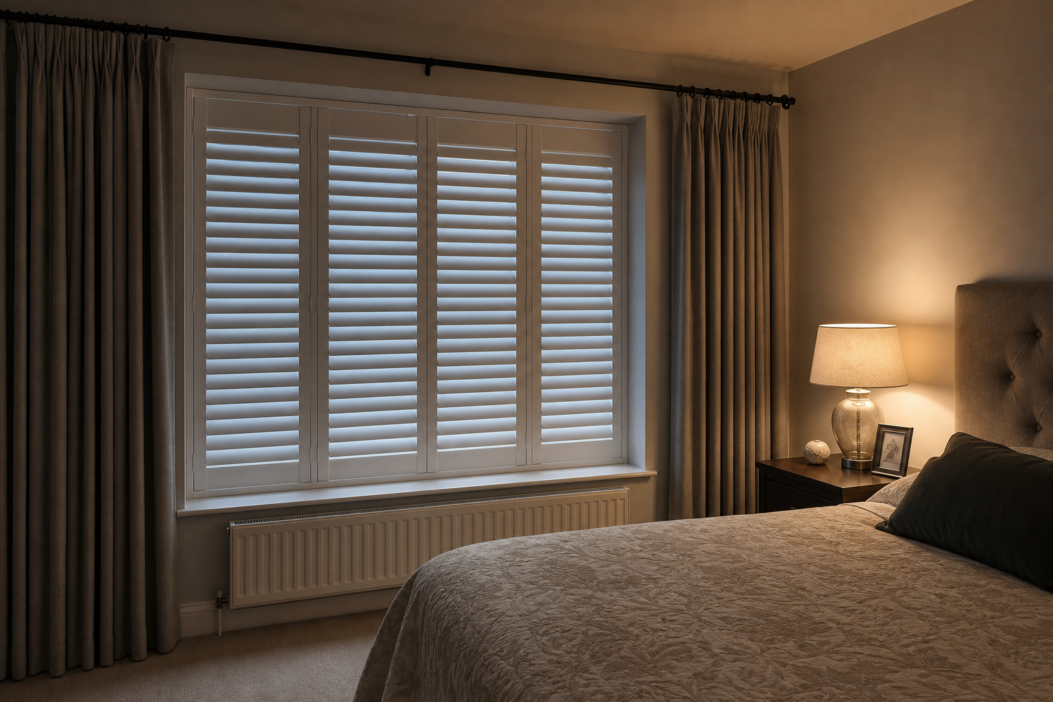 Bedroom with plantation shutters and curtains layered for extra night-time darkness